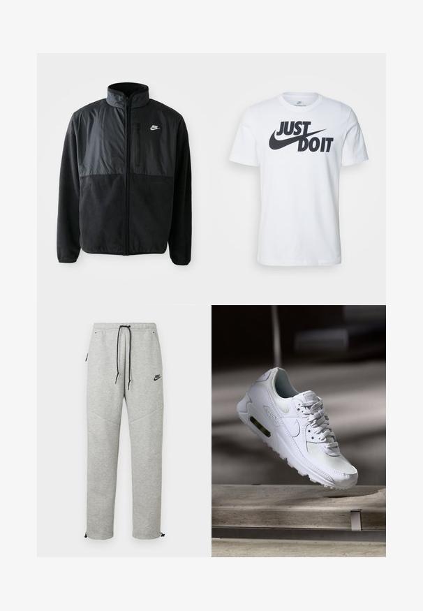 Zwarte Nike fleece jacket met volledige rits, hoge kraag, ritszak op de borst en contrasterend stoffenpaneel aan de bovenkant van de voorkant.; Witte katoenen t-shirt met een opvallend zwart "Just Do It" logo en de Nike swoosh. Klassiek crew neck ontwerp met korte mouwen.; Grijze Nike trainingsbroek met een verstelbare tailleband, zijzakken en elastische boorden. Heeft een soepele textuur en contrasterende zwarte logo-details.; Witte Nike Air Max 90 sneaker met een bovenwerk van mesh en leer, een geperforeerde teenbox en een zichtbare luchtunit in de hiel.