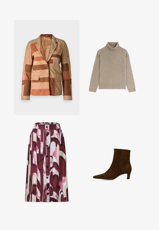 Suède blazer met een patchworkontwerp in tinten beige en bruin, met een gelapte kraag en twee voorkruiszakken.; Rodier TURTLENECK - Trui - taupe; Rok van middelhoge lengte met knoopsluiting aan de voorkant, met abstracte verticale patronen in bordeaux, roze, beige en wit.; Bruine suède enkellaars met spits toel en middelhoog hakje, zijaanzicht op witte achtergrond.