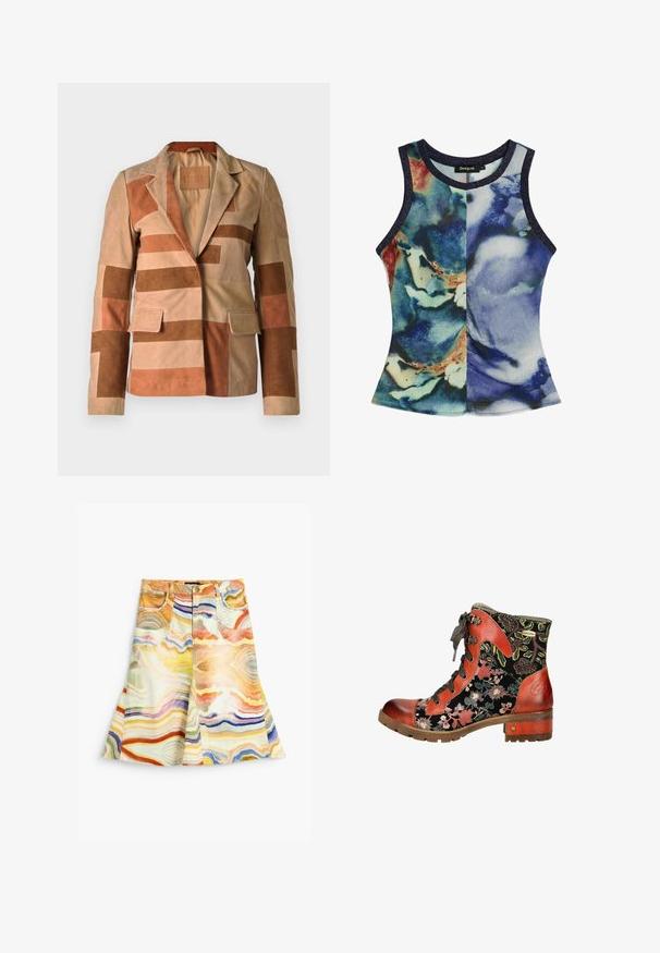 Suede blejzer s patchwork dizajnom v odtieňoch béžovej a hnedej, s klopovým golierom a dvoma prednými vreckami.; Dámsky top bez rukávov s okrúhlym výstrihom a abstraktnou modro-zeleno-béžovou akvarelovou potlačou s tmavými lemami.; Sukňa s vysokým pásom a áčkovým strihom s farebným, vlnitým mramorovým vzorom v odtieňoch oranžovej, žltej, modrej a fialovej farby, s prednými vreckami a zapínaním na gombíky.; Šnurovacia členková bota s čiernou kvetinovou textíliou, oranžovými koženými akcentami, okrúhlou špičkou a blocovým podpätkom 3 cm. Obsahuje vzorovanú šnúrku.