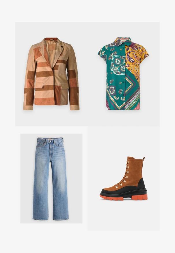 Suede blejzer s patchwork dizajnom v odtieňoch béžovej a hnedej, s klopovým golierom a dvoma prednými vreckami.; Košeľa s krátkym rukávom zapínaná na gombíky, s potlačou zelených a žltých paisley a geometrických vzorov na bielom pozadí.; Svetlomodré rifľové nohavice s voľným strihom a vysokým pásom, so zafarbenými obdobiami, piatimi vreckami a kontrastným švom. Klasické zapínanie na gombík a zips.; Hnedé semišové členkové topánky majú zlaté prvky, chunky čiernu a oranžovú podrážku a sieťovanú konštrukciu s praktickým pútkom na zadnej strane.