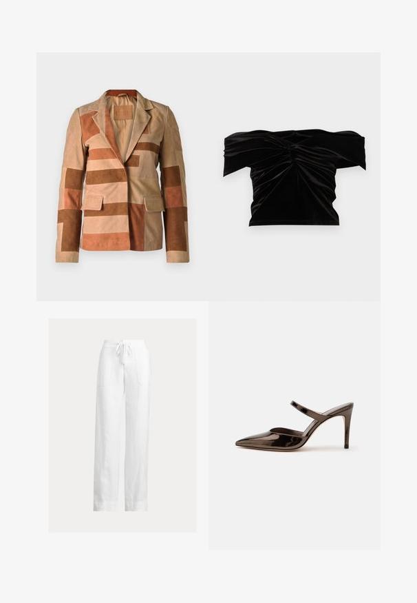 Blazer de ante con un diseño de patchwork en tonos beige y marrón, con cuello de muesca y dos bolsillos frontales.; Good American OFF SHOULDER - Camiseta estampada - black; Pantalones blancos de lino con cintura de cordón, diseño de pierna ancha y dos bolsillos laterales. Textura suave con una apariencia ligera y aireada.; Mule de tacón alto de punta estrecha de color marrón oscuro brillante con una tira delgada sobre el empeine sobre un fondo blanco liso.