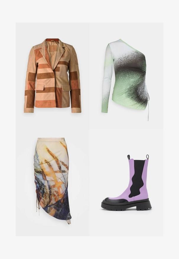 Blazer en daim avec un design en patchwork dans des tons beiges et bruns, doté d'un col cranté et de deux poches avant.; Elleme ONE SHOULDER - T-shirt à manches longues - light green/white; Materiel DIAGONAL GATHERED SKIRT - Jupe crayon - golden hour; NA-KD WAVY ELASTIC BOOTS - Bottes à plateau - black/purple