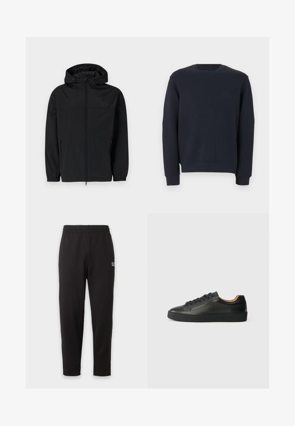 Veste à capuche noire en tissu léger et mat. Dotée d'une fermeture éclair, de poignets élastiques et de poches latérales. Logo discret sur la poitrine.; Sweat-shirt à col rond bleu marine foncé à manches longues avec petit logo brodé sur la poitrine gauche, présenté sur un fond blanc.; Pantalon de survêtement noir à taille élastique, jambes fuselées, avec un petit logo blanc sur la partie supérieure de la cuisse gauche.; Baskets basses en cuir noir avec surface texturée, lacets noirs et semelle en caoutchouc épaisse, présentées de côté sur un fond clair.
