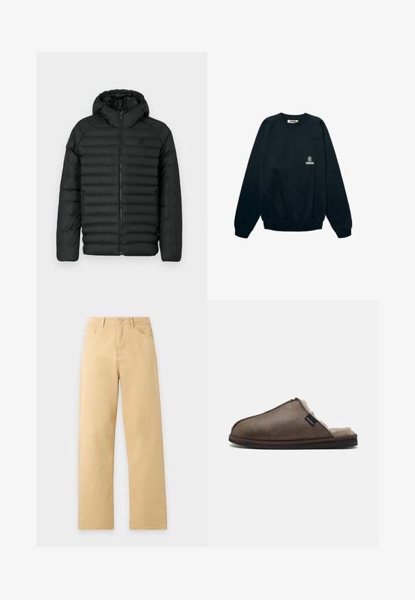 Zwarte pufferjas met capuchon, met een gequilt ontwerp, ritsluiting en zijzakken. Gemaakt van lichtgewicht, waterafstotend materiaal.; Zwarte lange mouw crewneck sweatshirt met Woodbird-logo en uilafbeelding op de linkerborst, geribbelde manchetten en zoom.; Beige rechtbenige broek met voor- en achterzakken, riemlussen en een metalen knoopsluiting.; Bruine leren slipper met een zachte, fluffige binnenkant en een vlakke zool, voorzien van een gestikte rand en een klein merketiket aan de zijkant.