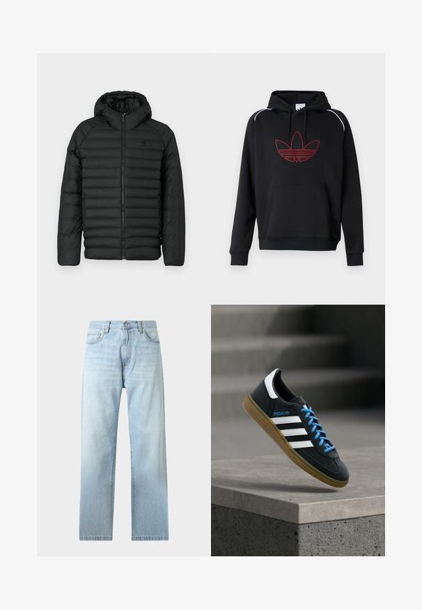 Zwarte pufferjas met capuchon, met een gequilt ontwerp, ritsluiting en zijzakken. Gemaakt van lichtgewicht, waterafstotend materiaal.; Zwarte hoodie met een kangeroezak aan de voorkant, voorzien van een rood omlijnd driebladig logo en witte accentnaden op de schouders.; Lichtblauwe rechtgesneden spijkerbroek met voorzakken, riemlussen en knoopsluiting, weergegeven op een effen lichte achtergrond.; Zwarte Adidas-sneaker met witte strepen, blauwe veters en een gumzool die boven een grijze betonnen trede zweeft in zacht licht.
