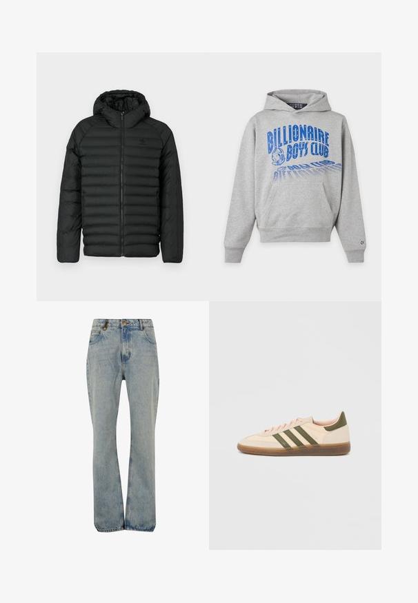 Sort pufferjakke med hætte, med quiltet design, lynlås lukning og sidelommer. Lavet af letvægts, vandafvisende materiale.; Lys grå hættetrøje med blå "Billionaire Boys Club" tekst og astronaut hjelm grafik på forsiden, med en front lomme.; Lyseblå jeans med høj talje og lige ben, forsynet med knap foran, lynlås, bæltestropper og design med fem lommer.; Beige Adidas Spezial sneaker med lav profil, grønne striber, gummisål og "SPEZIAL"-branding på siden, vist fra ydersiden.