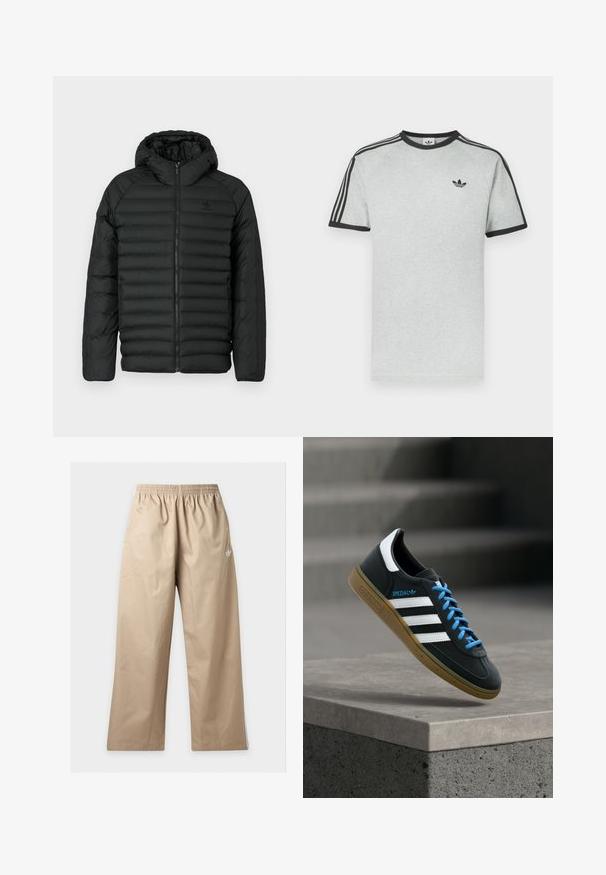 Sort pufferjakke med hætte, med quiltet design, lynlås lukning og sidelommer. Lavet af letvægts, vandafvisende materiale.; Grå t-shirt med sorte accenter, med rund hals og korte ærmer. Tre sorte striber på skuldrene, lille logo på brystet.; Beige bukser med vide ben og elastisk linning samt lille hvid Adidas-logo på øverste venstre lår, vist mod en ensfarvet baggrund.; Sort Adidas sneaker med hvide striber, blå snørebånd og gummisål, der svæver over gråt betontrin i blødt lys.