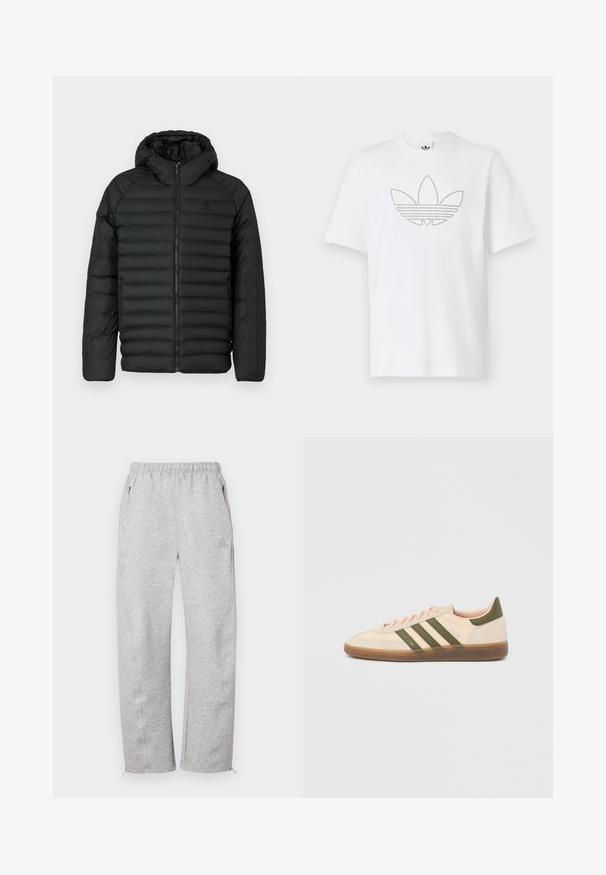 Sort pufferjakke med hætte, med quiltet design, lynlås lukning og sidelommer. Lavet af letvægts, vandafvisende materiale.; Hvid bomulds-T-shirt med en prikket sort kontur af et trefoil-logo på fronten. Korte ærmer og rund halsudskæring.; Grå joggingbukser med elastisk talje, sidelommer og lynlåse ved benenderne, lavet af blødt tekstil med glat tekstur. Diskret logodetalje.; Beige Adidas Spezial sneaker med lav profil, grønne striber, gummisål og "SPEZIAL"-branding på siden, vist fra ydersiden.