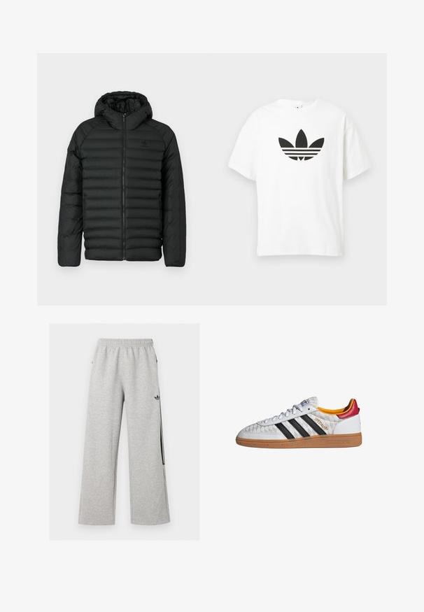 Sort pufferjakke med hætte, med quiltet design, lynlås lukning og sidelommer. Lavet af letvægts, vandafvisende materiale.; Hvid bomulds t-shirt med et stort sort Adidas trefoil-logo og tre vandrette striber nedenunder. Korte ærmer, rund halsudskæring.; Lysegrå vidtløftede joggingbukser med elastisk talje og sort Adidas trefoil-logo på højre lår.; Hvid Adidas Spezial sneaker med sorte striber, gummisål, quiltet mønster, rød hælflap og gul inderfor, set fra siden.