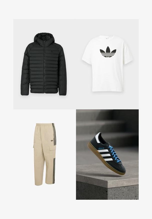 Sort pufferjakke med hætte, med quiltet design, lynlås lukning og sidelommer. Lavet af letvægts, vandafvisende materiale.; Hvid bomulds t-shirt med et stort sort Adidas trefoil-logo og tre vandrette striber nedenunder. Korte ærmer, rund halsudskæring.; Beige cargobukser med elastisk talje, sidelommer og sorte lodrette striber. Har en Adidas-logo foran.; Sort Adidas sneaker med hvide striber, blå snørebånd og gummisål, der svæver over gråt betontrin i blødt lys.
