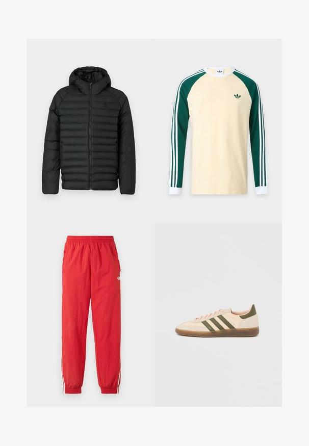 Sort pufferjakke med hætte, med quiltet design, lynlås lukning og sidelommer. Lavet af letvægts, vandafvisende materiale.; Beige langærmet skjorte med mørkegrønne raglanærmer, hvide manchetter, hvide striber på ærmerne og lille grønt Adidas-logo på brystet.; Røde atletikbukser af letvægtsmateriale med elastisk taljebånd, hvide sideliver og et lille logo på det øverste ben.; Beige Adidas Spezial sneaker med lav profil, grønne striber, gummisål og "SPEZIAL"-branding på siden, vist fra ydersiden.