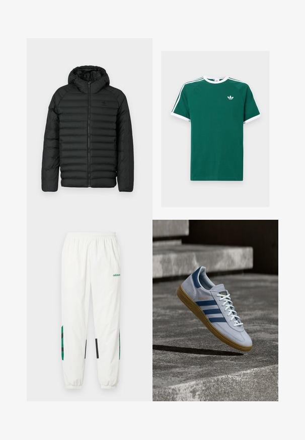 Zwarte pufferjas met capuchon, met een gequilt ontwerp, ritsluiting en zijzakken. Gemaakt van lichtgewicht, waterafstotend materiaal.; Groen katoenen t-shirt met witte accenten, voorzien van korte mouwen, een ronde hals en drie witte strepen op elke schouder. Klein logo op de borst.; Witte sportieve broek gemaakt van lichtgewicht materiaal, met groene en zwarte accenten aan de zijkanten, voorzien van een elastische tailleband en boorden.; Lichtblauwe Adidas Spezial sneaker met marineblauwe strepen en rubberen zool, getoond in de lucht boven betonnen trappen in een neutrale buitenomgeving.