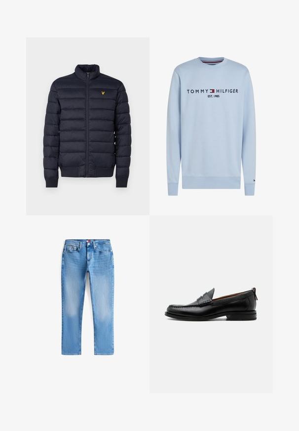Marine pufferjack met een hoge hals, horizontaal gestikte textuur, ritssluiting aan de voorkant en ribgebreide manchetten. Beschikt over een klein gouden logo op de borst.; Lichtblauw sweatshirt met lange mouwen en ronde hals, met geborduurd "Tommy Hilfiger EST. 1985" en logo op de borst.; Lichtblauwe slim fit jeans met voorzakken, riemlussen, knoopsluiting en subtiele vervaging op dijen en knieën.; Zwarte leren herensloffen met moc toe stiksel, pennyriem, gestructureerde kraag en lage gestapelde hak op witte achtergrond.