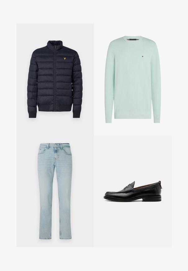 Marineblå pufferjakke med høj krave, vandret quiltet struktur, lynlåslukning foran og ribbet manchetter. Har et lille gyldent logo på brystet.; Lysegrøn tekstureret langærmet rundhalset sweater med lille Tommy Hilfiger flaglogo på venstre bryst.; Lyseblå denim jeans med straight leg-design, blød tekstur, frontlommer og subtile falmning mønstre. Har en knap- og lynlåslukning.; Sort læder herre loafer med moc-tå syning, penny strop, struktureret krave og lav stablet hæl på hvid baggrund.