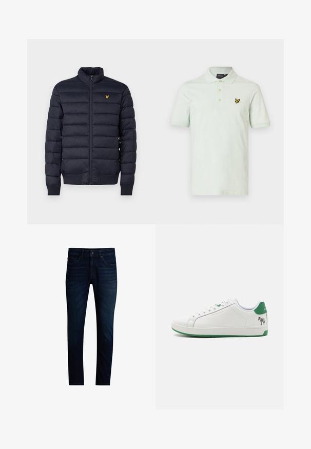 Marine pufferjack met een hoge hals, horizontaal gestikte textuur, ritssluiting aan de voorkant en ribgebreide manchetten. Beschikt over een klein gouden logo op de borst.; Lichtgroen poloshirt van katoen, met een drieknoopssluiting en een geborduurd geel vlinderlogo op de linkerborst.; Donkerblauwe slimfit jeans met een knoop- en ritsluiting aan de voorkant, vijfzakkenmodel en lichte vervaging op de dijen.; Witte leren sneaker met groene accenten en een zebramotief op de hak. Voorzien van platte veters en een rubberen zool met een lichte textuur.
