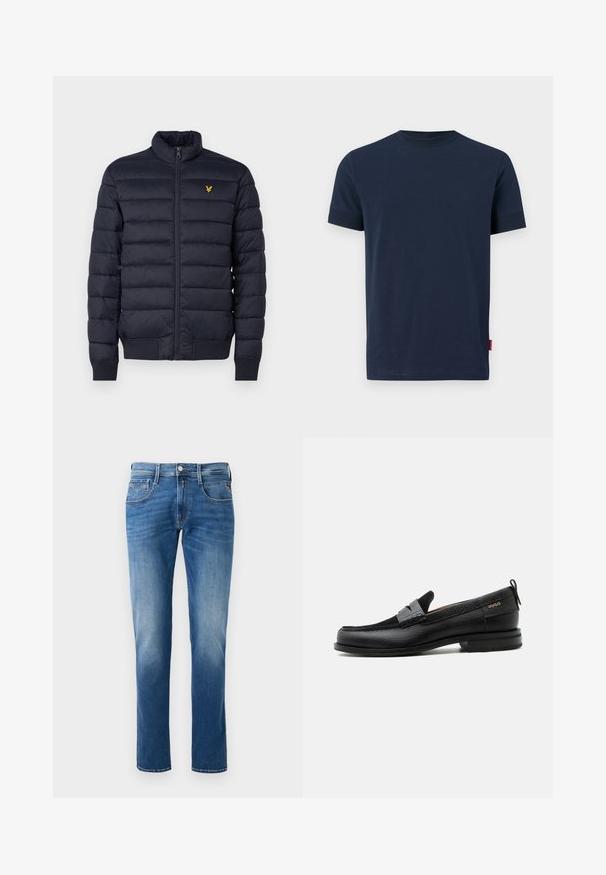 Doudoune marine avec col montant, texture à coutures horizontales, fermeture éclair devant et poignets côtes. Dispose d'un petit logo doré sur la poitrine.; T-shirt en coton bleu marine à manches courtes, col rond, avec une petite étiquette rouge au bas à gauche de l'ourlet. Texture douce, design simple.; Jean en denim bleu pour homme avec un délavage, coupe droite, cinq poches et fermeture à bouton devant. Accents cousus sur les poches.; Mocassin en cuir noir avec détail de bride grise, talon bas et semelle texturée, marqué "HUGO" en or sur le côté.