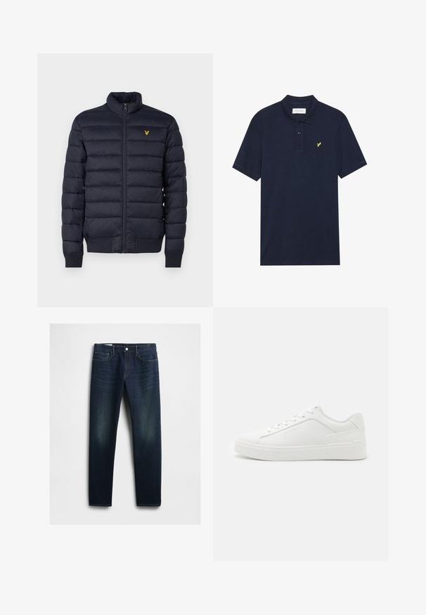 Marineblå pufferjakke med høj krave, vandret quiltet struktur, lynlåslukning foran og ribbet manchetter. Har et lille gyldent logo på brystet.; Marineblå polo shirt lavet af struktureret bomuld, med en tre-knap lukning, korte ærmer og et lille gult ørne-logo på brystet.; Mørkeblå denim jeans med lige snit, der har fem lommer, knaplukning og diskret slid på lårene. Klassisk syning.; Hvide low-top sneakers lavet af glat læder, med rund tå, flade såler og subtil branding på siden.