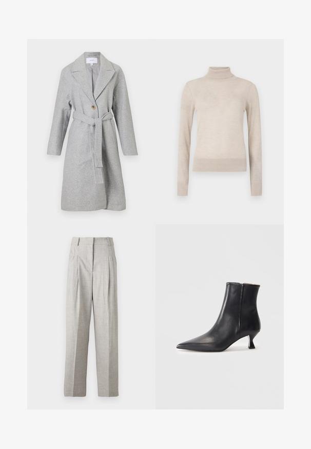 Lang grå uldfrakke med brede klapper, en enkelt knap og et matchende stofbælte, der er bundet om livet.; Beige turtleneck sweater lavet af blødt strikstof. Har lange ærmer og ribbede manchetter og kant for en tætsiddende pasform. Et essentielt garderobeelement.; Lys grå bukser med en tekstureret overflade, der har et høj talje-design og to frontfold. Lige snit uden synlige lommer.; Sort læder ankelstøvle med spids tå og et elegant design. Har en lav skæv hæl og en glat overflade.