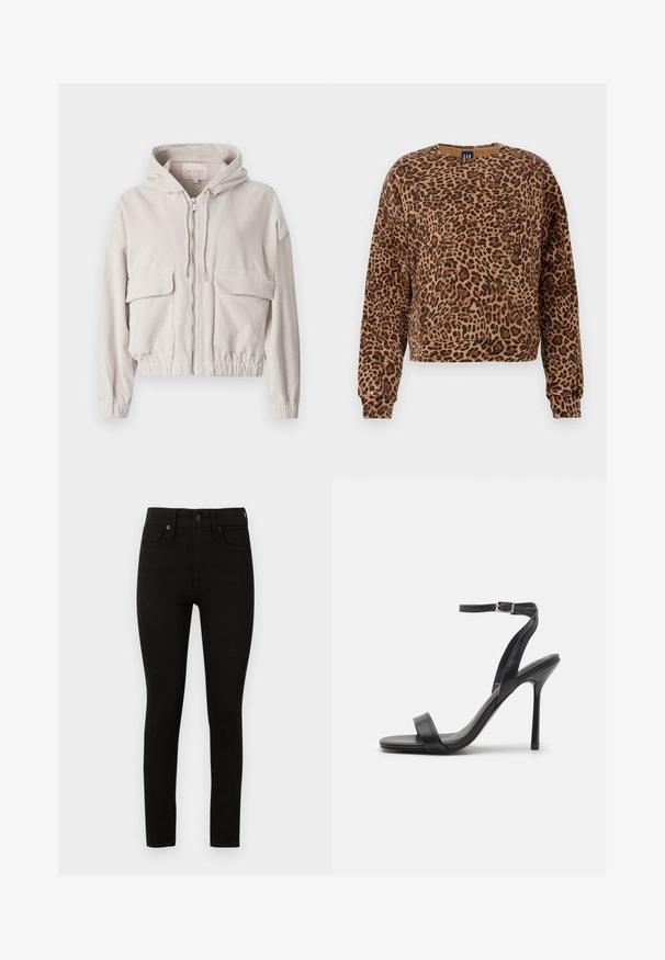 Beige cordjakke med hætte, frontlynlås, to brystlommer og elastisk kant og manchetter. Blød tekstur med synligt ribbet mønster.; Sweatshirt med leopardmønster i nuancer af brunt og sort. Fremstillet af blødt stof, har rund halsudskæring og lange ærmer med ribbede manchetter.; Good American GOOD LEGS - Jeans Skinny Fit - black; Sort højhælet sandal med en slank ankelrem og to forreste bånd. Lavet af glat læder med en slank spids tå og stilettohæl.