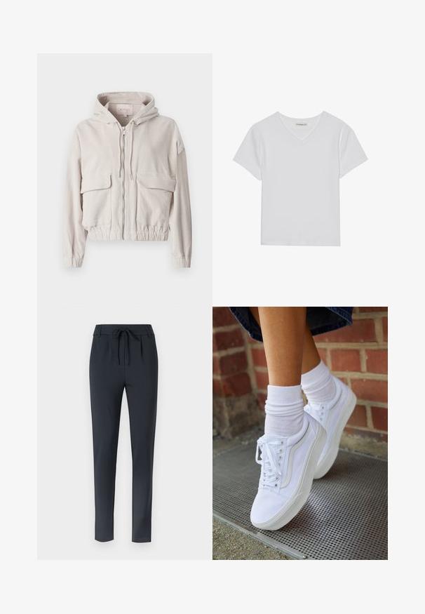 Beige cordjakke med hætte, frontlynlås, to brystlommer og elastisk kant og manchetter. Blød tekstur med synligt ribbet mønster.; Hvid kortærmet V-hals t-shirt lavet af ribbet stof. Har et rent design med en lige kant og minimal detaljer.; Mørkeblå slim-fit bukser med snøre i taljen, lavet af et blødt, strækbart stof, med flad forside og tapered ben design.; Hvide lærreds sneakers med gummisåler, der har seks snørehuller, rund tå og let sømdetaljer, krydret med hvide ankelstrømper.