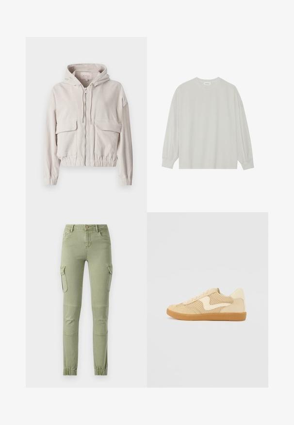 Beige cordjakke med hætte, frontlynlås, to brystlommer og elastisk kant og manchetter. Blød tekstur med synligt ribbet mønster.; Lys grå langærmet t-shirt lavet af blød bomuld. Har en løs pasform, rund halsudskæring og let indsamlede manchetter. Ingen mønstre eller grafikker.; Cargo bukser i lysegrøn stof med en tætsiddende design, to sidelommer og elastiske manchetter ved anklerne for et tapered look.; Beige sneakers med ruskind og mesh-materialer, rund form, fremtrædende polstret krave og en gummikondisko. Har et bølge-design som accent.