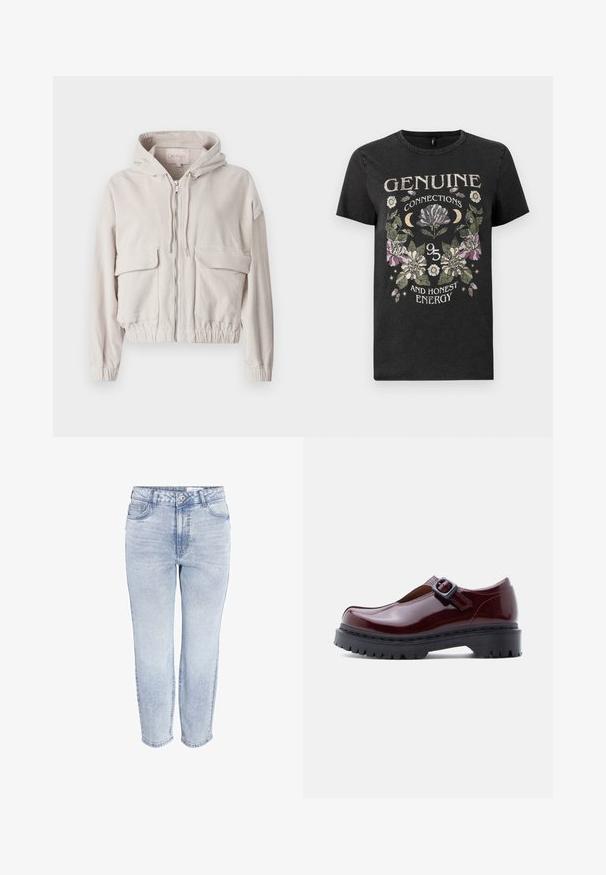 Beige cordjakke med hætte, frontlynlås, to brystlommer og elastisk kant og manchetter. Blød tekstur med synligt ribbet mønster.; Sort kortærmet T-shirt med blomsterdesign og teksten "ÆGTESKABELIGE FORBINDELSER OG ÆRENLIG ENERGI" i cremefarvet og farvet skrifttype.; Lysblå højtaljede lige jeans med knap foran, lynlås og fem lommer på en hvid baggrund.; Vinrød laklædersko med rund tå, justerbar spænde og chunky sort platformsål med rillede tekstur.