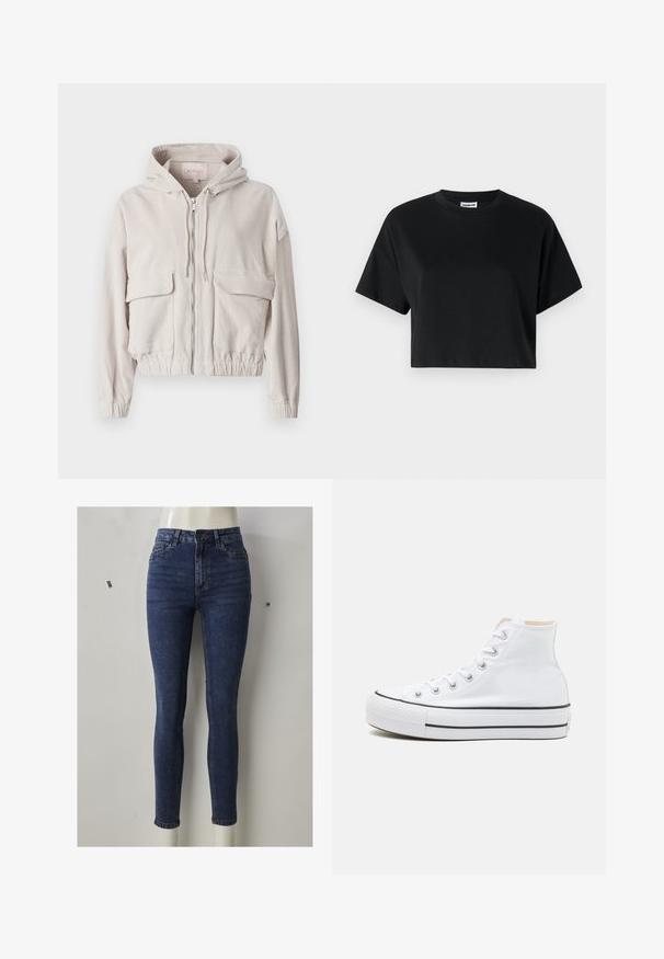 Beige cordjakke med hætte, frontlynlås, to brystlommer og elastisk kant og manchetter. Blød tekstur med synligt ribbet mønster.; Sort cropped t-shirt med korte ærmer, rund halsudskæring, lavet af glat bomuldsstof, med minimalistisk design og subtile syninger.; Smal jeans i mørkeblå denim, med høj talje og tætsiddende pasform, med forlommer, lynlås og diskrete slidmærker på lårene.; Hvide høj-top sneakers lavet af kanvasmateriale, sort gummisål og kontrasterende sort stribe på mellemsålen. Rund tåhætte og snørebåndsdesign.