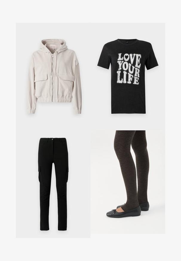 Beige cordjakke med hætte, frontlynlås, to brystlommer og elastisk kant og manchetter. Blød tekstur med synligt ribbet mønster.; Sort bomulds-T-shirt med hvid tekst, der lyder "LOVE YOUR LIFE." Designet inkluderer dekorative prikker og en hjerteaccent. Korte ærmer.; Sorte cargo bukser med slim fit, der har sidelommer, knaplukning og et glat, let struktureret stof.; Ben iført mørke ribbede leggings kombineret med sorte balletsko med små sløjfedetaljer på hvid baggrund.