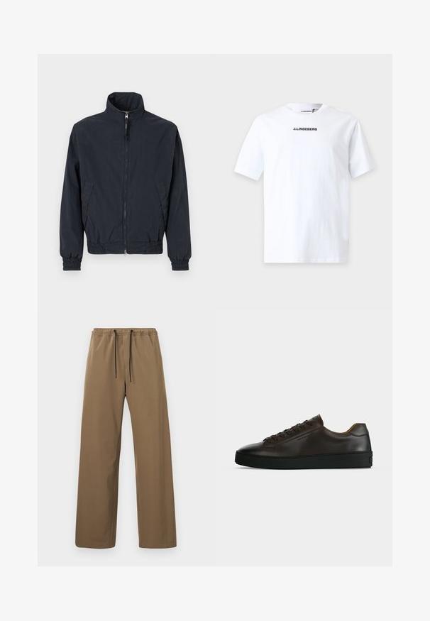 Veste zippée bleu marine foncé avec col montant, poignets et taille élastiques, et deux poches latérales sur un fond uni.; T-shirt blanc à manches courtes avec texte noir "J.LINDEBERG" centré sur la poitrine sur un fond clair uni.; Pantalon marron à coupe droite avec taille élastique et cordons noirs, présenté sur un fond clair uni.; Baskets basses en cuir marron foncé avec semelle en caoutchouc noire, lacets à l'avant et design minimaliste épuré sur fond clair.
