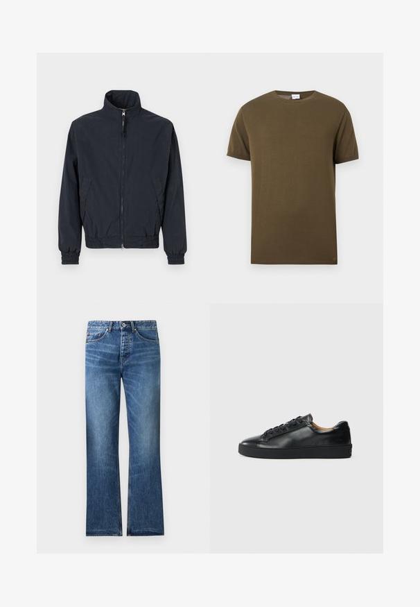 Veste zippée bleu marine foncé avec col montant, poignets et taille élastiques, et deux poches latérales sur un fond uni.; T-shirt à manches courtes et col rond de couleur vert olive avec une texture lisse et unie, présenté sur un fond blanc.; Jean en denim bleu avec une coupe droite, cinq poches, fermeture par bouton et zip, et légère décoloration sur les cuisses et les genoux.; Baskets en cuir noir avec une texture lisse, bout rond et fermeture à lacets. Comprend une semelle en caoutchouc épaisse et un minimum de détails de marque.