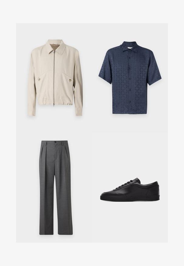 Lysbeige hættejakke med lynlås, krave, knapdetaljer og et cropped design. Lavet af glat stof med to forlommer.; Kortærmet marineblå skjorte med knapper og subtilt ternet mønster samt klassisk krave, vist på ensartet lyse baggrund.; Grå plisserede formelle bukser med knappet linning og sidelommer, vist mod en ensfarvet baggrund.; Sort lavtstående lædersneaker med snørebånd foran og flad gummisål, vist fra siden på en ensartet hvid baggrund.