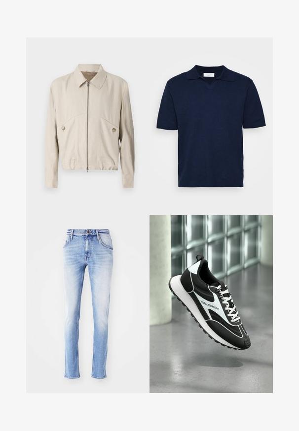 Lysbeige hættejakke med lynlås, krave, knapdetaljer og et cropped design. Lavet af glat stof med to forlommer.; Mørkeblå kortærmet polo-shirt med v-udskæring, lavet af struktureret stof, med en diskret mærkeetiket på halsudskæringen.; Lyseblå denim jeans med en falmet finish, lige ben-snit, fem lommer, bæltestropper og enkelt knaplukning i taljen.; Sportssko i sort og hvid med mesh-materiale, et glat design, snørelukning og tekstureret sort gummiydersål. Mærkelogo synligt.