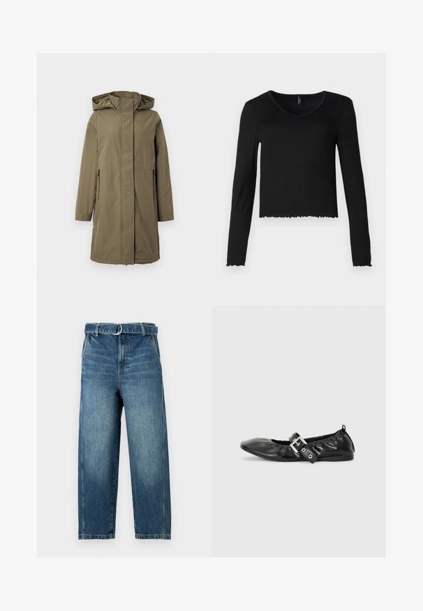 Veste imperméable olive avec capuche, manches longues, fermeture éclair sur le devant et deux poches latérales. Caractéristiques d'une coupe droite et d'une texture lisse.; Blouse noire à manches longues en V en texture côtelée, avec une coupe cropped et un ourlet festonné, sans matériel visible.; Jean en denim bleu avec une taille haute, des jambes larges et une ceinture avec un anneau en métal. Présente des décolorations et des effets d'usure subtils sur le tissu.; Chaussure plate en cuir noir avec un nez pointu, des détails froncés autour de l'ouverture et un accent en boucle argentée sur la bride ajustable.