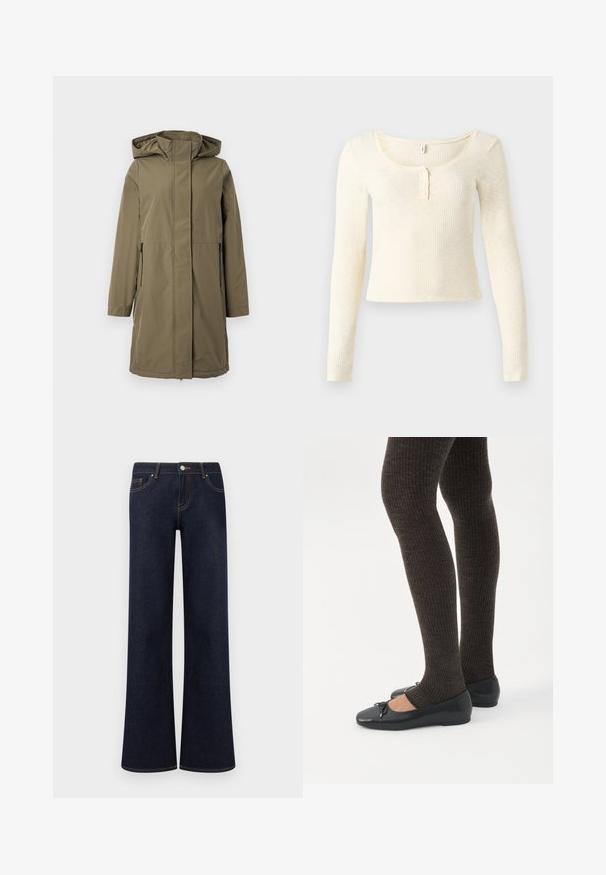 Veste imperméable olive avec capuche, manches longues, fermeture éclair sur le devant et deux poches latérales. Caractéristiques d'une coupe droite et d'une texture lisse.; Top à manches longues en maille côtelée de couleur crème clair ; présente un col rond et une patte de boutonnage à trois boutons. Texture douce et coupe ajustée.; Jean en denim bleu foncé à jambes larges avec poches avant, fermeture par bouton et fermeture éclair, et coutures contrastantes visibles.; Jambes portant des leggings côtelés foncés associés à des ballerines noires avec de petits détails en nœud sur fond blanc.