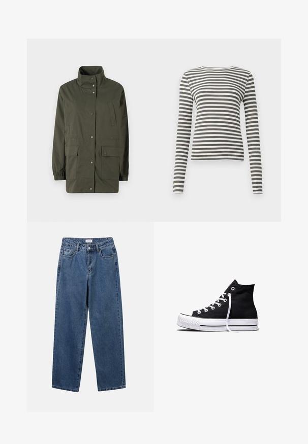 Veste légère vert olive avec col élevé, boutons-pression et deux poches plaquées à l'avant. Dotée de poignets élastiques et d'une coupe droite.; T-shirt à manches longues en vert olive et rayures blanches. Texture côtelée, encolure ronde et coupe ajustée. Pas de matériel ou d'accents visibles.; Jean en denim bleu classique avec une coupe droite, cinq poches et une fermeture par bouton. Présente un lavage moyen et une texture robuste.; Baskets montantes en toile noire avec semelle en caoutchouc blanche et lacets blancs, vues de côté sur un fond blanc.