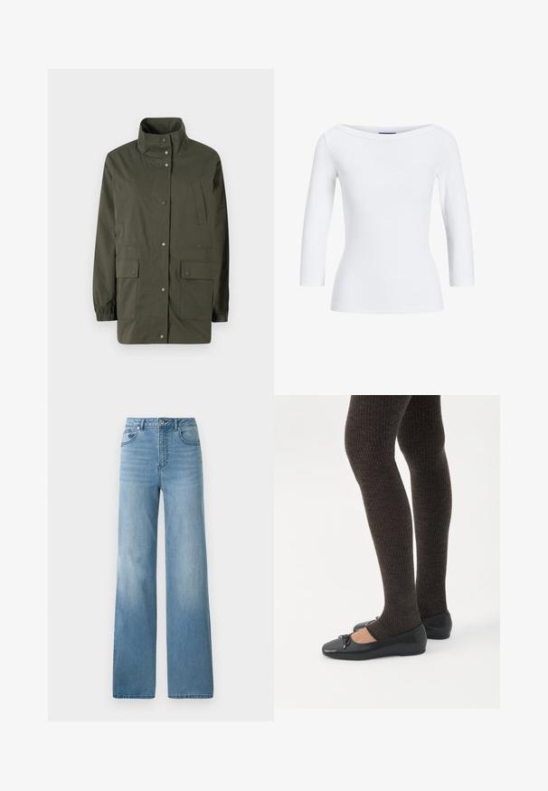 Veste légère vert olive avec col élevé, boutons-pression et deux poches plaquées à l'avant. Dotée de poignets élastiques et d'une coupe droite.; Top à manches longues côtelé blanc avec un décolleté bateau. Le tissu est lisse, ajusté et présente une finition soignée au niveau des poignets et de l'ourlet.; Jean taille haute bleu clair avec une coupe droite. Fabriqué en denim, avec cinq poches et une fermeture à bouton.; Jambes portant des leggings côtelés foncés associés à des ballerines noires avec de petits détails en nœud sur fond blanc.