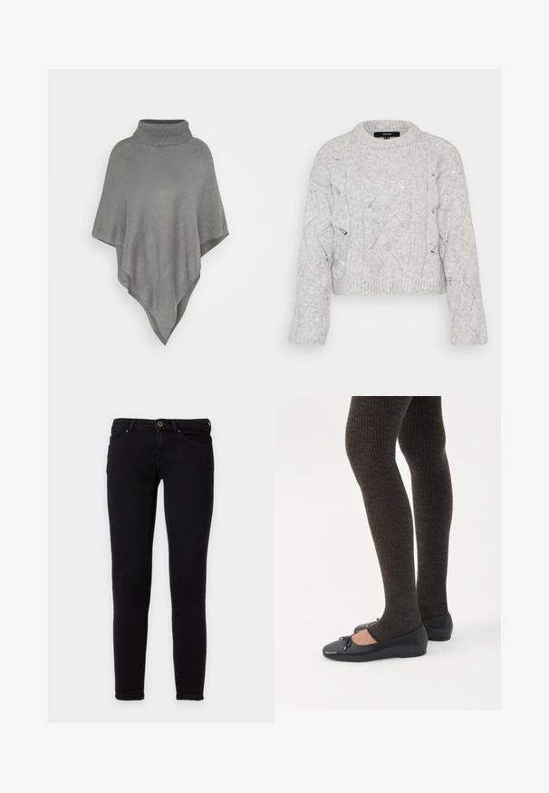 Lys grå poncho med en høj, ribbet krave. Har et struktureret strikmønster og en flydende, triangular form, der hænger ned.; Grå strikket sweater med rund halsudskæring, der har et bølget kabelmønster og løstsiddende lange ærmer. Strukturmateriale, blødt.; Sorte skinny jeans med frontknap og lynlås, for- og baglommer, vist på hvid baggrund.; Ben iført mørke ribbede leggings kombineret med sorte balletsko med små sløjfedetaljer på hvid baggrund.