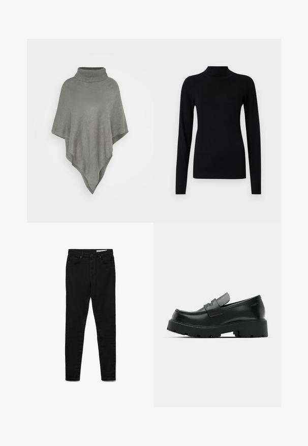 Poncho gris claro con un alto cuello acanalado. Presenta un patrón de tejido texturizado y una forma triangular y fluida que se drapea hacia abajo.; Jersey negro ajustado de cuello alto y manga larga con puños y bajo acanalados sobre un fondo gris claro.; Vaqueros de mezclilla negra con un corte slim, cintura de tiro medio, cinco bolsillos, cierre con botón de metal y detalles sutiles de costura.; Mocasines de cuero negro con suela gruesa y texturizada, que presentan una correa sobre el empeine y un acabado suave y pulido.
