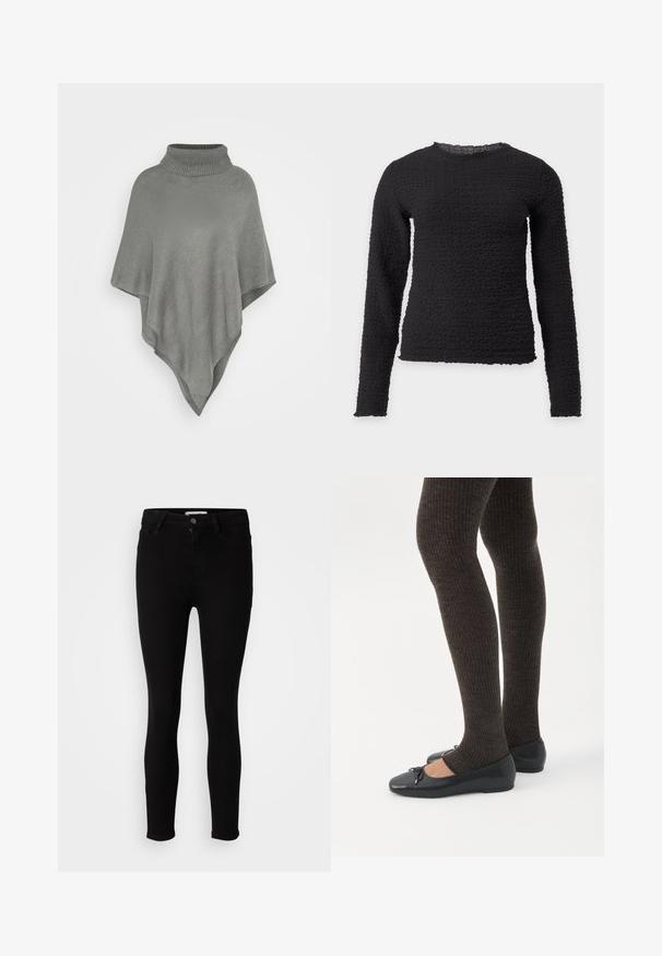 Poncho gris clair avec un grand col côtelé. Présente un motif tricoté texturé et une forme triangulaire fluide qui tombe.; Haut noir texturé à manches longues avec un col rond et des bords légèrement froncés aux manches et à l'ourlet sur fond blanc.; Jeans slim-fit noirs avec fermeture à bouton et à zip, poches avant et arrière, présentés sur un fond blanc neutre.; Jambes portant des leggings côtelés foncés associés à des ballerines noires avec de petits détails en nœud sur fond blanc.