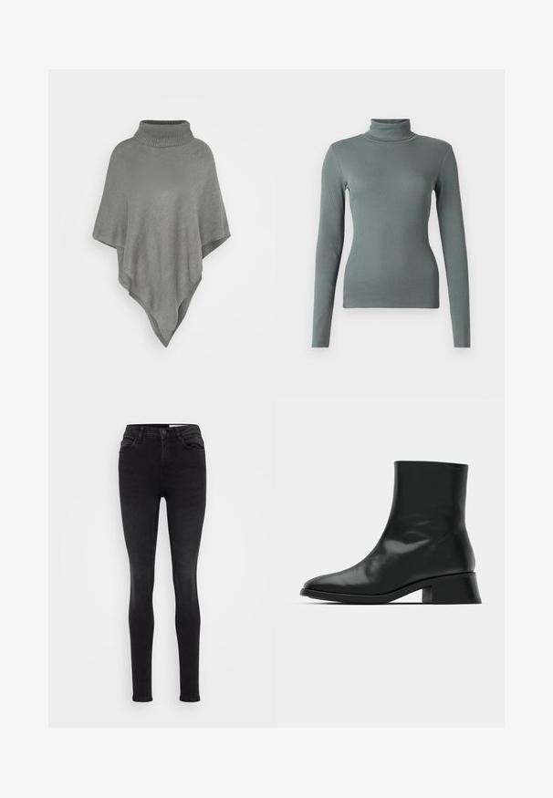 Poncho gris clair avec un grand col côtelé. Présente un motif tricoté texturé et une forme triangulaire fluide qui tombe.; Haut à manches longues en tissu côtelé vert doux et texturé. Conception ajustée avec un col haut et une construction sans coutures.; Jean skinny noir en denim, avec un design classique à cinq poches, des coutures surpiquées et une taille haute. Texture lisse et coupe ajustée.; Bottine noire en cuir brillant, au design épuré, avec un bout pointu et un petit talon bloc pour plus de stabilité.