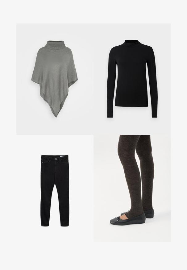 Poncho gris clair avec un grand col côtelé. Présente un motif tricoté texturé et une forme triangulaire fluide qui tombe.; Chemise à col roulé noir à manches longues en tissu lisse ; design ajusté avec un col haut et sans coutures visibles. Couleur unie et simple.; Jeans skinny noirs taille haute avec bouton et fermeture éclair à l’avant, deux poches avant et deux poches arrière, présentés à plat sur fond blanc.; Jambes portant des leggings côtelés foncés associés à des ballerines noires avec de petits détails en nœud sur fond blanc.