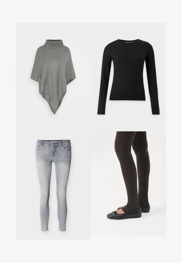 Poncho gris clair avec un grand col côtelé. Présente un motif tricoté texturé et une forme triangulaire fluide qui tombe.; Chemise noire ajustée à manches longues avec col rond, présentée sur un fond clair uni.; Jean skinny gris clair en denim, avec un design classique à cinq poches, passants pour ceinture et une fermeture à glissière avec un bouton argenté.; Jambes portant des leggings côtelés foncés associés à des ballerines noires avec de petits détails en nœud sur fond blanc.