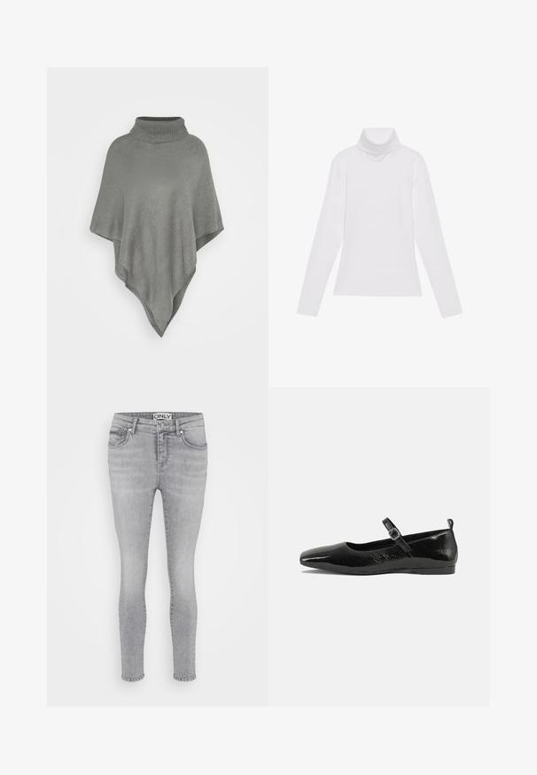 Lys grå poncho med en høj, ribbet krave. Har et struktureret strikmønster og en flydende, triangular form, der hænger ned.; Hvid langærmet turtle-neck top lavet af glat, strækbart stof. Har en høj krave og tætsiddende design, uden synlige mønstre eller udsmykninger.; Lysegrå skinny jeans lavet af denim med standard fem-lommer-design, bæltestropper og lukning med knappgylp.; Sorte patentlæder flade sko med spidse tæer, en ankelrem med spænde og en glat, blank tekstur. Lav hæl for komfort.