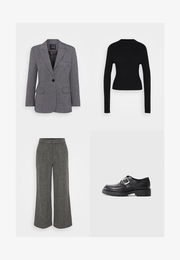Šedý štruktúrovaný blazer s jedným gombíkom, klopu s vykrojením a dve predné vrecká. Podšívka s čiernou etiketou.; Pružný čierny rebrovaný sveter s dlhým rukávom, vysokým okrúhlym výstrihom a mierne skráteným lemom na bielom pozadí.; Šedé široké nohavice s rybím vzorom, s priliehavým pásom, s ozdobným prekladom na prednej strane a jemnou, textúrovanou látkou.; Čierne kožené topánky s okrúhlou špičkou, s bočným detailom na pracku a hrubou, robustnou podrážkou. Hladká textúra s minimom šitia.