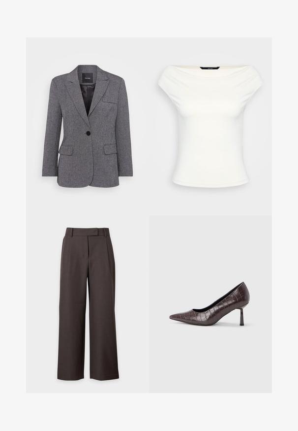 Grijze, gestructureerde blazer met een enkele knoopsluiting, notch kleppen en twee voorzakken. Gevoerde binnenkant met een zwart label.; Witte off-the-shoulder top, aangesloten design, zachte stretchstof, korte mouwen en een gladde textuur zonder zichtbare patronen of versieringen.; Donkerbruine broek met wijde pijpen, riemlussen en een verborgen vooraan sluiting, afgebeeld tegen een witte achtergrond.; Bruine nepleren pumps met een puntige neus en krokodillenstructuur, voorzien van een slanke, hoekige hak en een gladde binnenvoering.