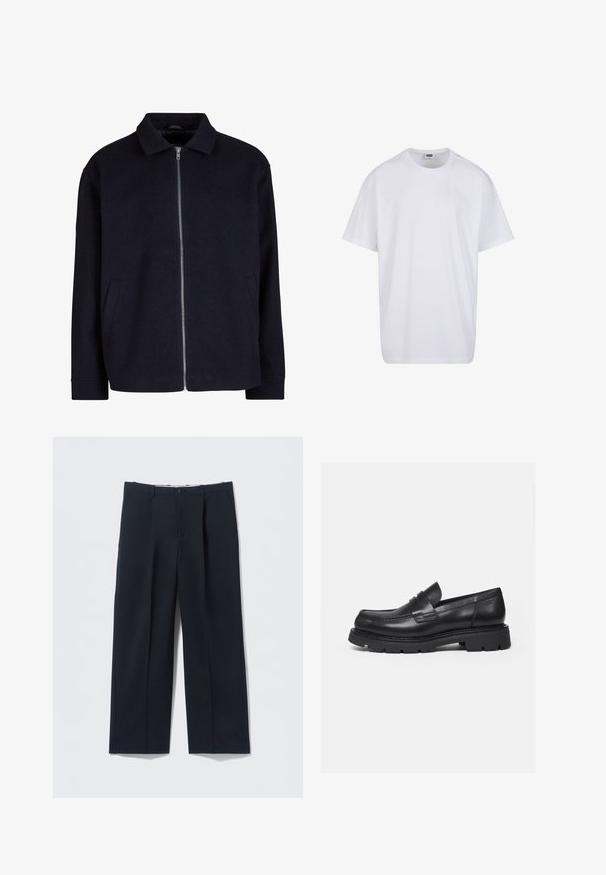 Chaqueta negra con cuello, cierre frontal completo y bolsillos laterales; fabricada con un tejido texturizado y corte relajado.; Camiseta blanca lisa de algodón, de manga corta, con cuello redondo y etiqueta visible de talla y marca dentro del cuello.; Pantalones azul marino oscuros hechos de tela suave, con un ajuste entallado, dos bolsillos delanteros y cierre de botón.; Mocasín negro de cuero con suela gruesa y acanalada y detalle de tira para moneda, mostrado en perfil lateral derecho sobre fondo blanco.