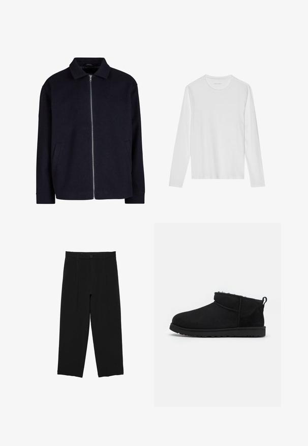 Veste noire avec un col, fermeture éclair à l'avant et poches latérales ; fabriquée en tissu texturé avec une coupe décontractée.; T-shirt blanc à manches longues en coton doux, avec un col rond et une texture lisse sans motifs ni accents visibles.; Pantalon noir à jambes larges avec passants de ceinture, bouton à l'avant et design plissé, présenté sur un fond blanc.; Bottines noires en daim avec une doublure douce et texturée, une semelle en caoutchouc basse et une languette à l'arrière pour un enfilage facile.