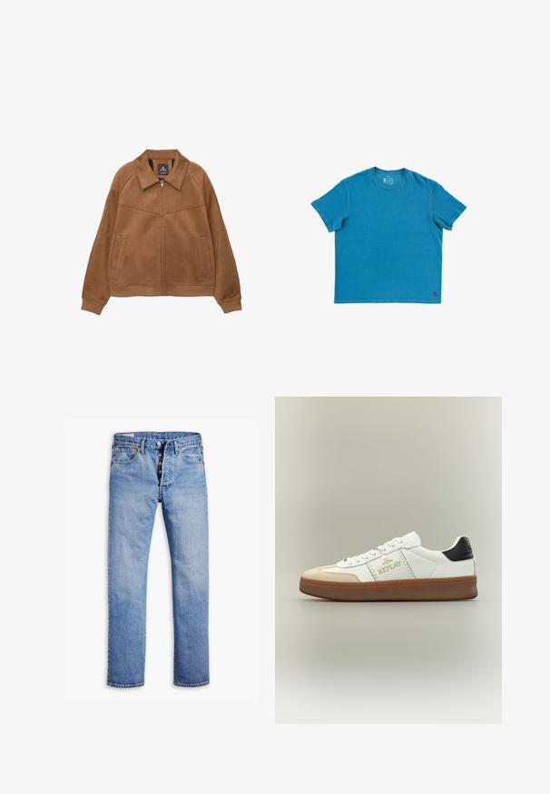 Bruine faux-suède jack met rits en een brede kraag, twee voorzakken en geribbelde manchetten. Heeft een gladde, matte textuur en strakke lijnen.; Effen T-shirt met korte mouwen en ronde hals in felblauw, met een klein rood-zwart labeltje bij de onderzoom aan de rechterkant.; Lichtblauwe denim jeans met een rechte broekspijp, vijfknopen sluiting, riemlussen en subtiele vervaging. Heeft twee voorzakken en koperen klinknagels.; Witte sneaker met een beige suède neus, gouden logodetail, zwarte hielaccent en een bruine rubberen zool. Klassiek laag model.