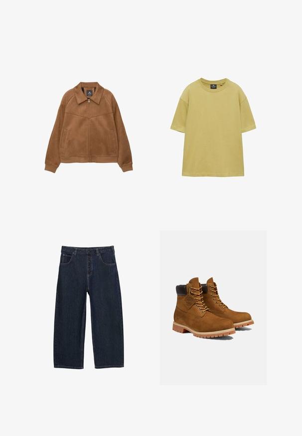 Bruine faux-suède jack met rits en een brede kraag, twee voorzakken en geribbelde manchetten. Heeft een gladde, matte textuur en strakke lijnen.; Effen olijfgroen T-shirt met korte mouwen en ronde hals, met een ontspannen pasvorm, weergegeven tegen een witte achtergrond.; Donkerblauwe denim wijde pijpen jeans met een hoge taille, vijf zakken en een knoopsluiting. Gestikte details langs de naden.; Bruine suède enkellaarsjes met een gevoerde zwarte kraag, gouden oogjes en een dikke rubberen zool met een profielpatroon voor grip.