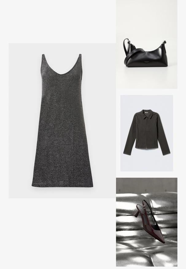 Veste rayée foncée avec un col et une fermeture éclair sur le devant. Elle présente des manches longues et une coupe ajustée, fabriquée en tissu texturé.; Robe noire sans manches avec un décolleté en V profond, fabriquée dans un tissu scintillant. Elle présente des fines bretelles et une silhouette droite, garantissant une texture lisse.; Escarpin slingback à talon haut, rouge foncé brillant avec bout pointu, présenté sur une surface en cuir argenté capitonné et brillant.; Sac à main en cuir noir avec une texture lisse. Dispose d'une bandoulière adjustable et d'un design élégant et minimaliste avec une fermeture éclair.